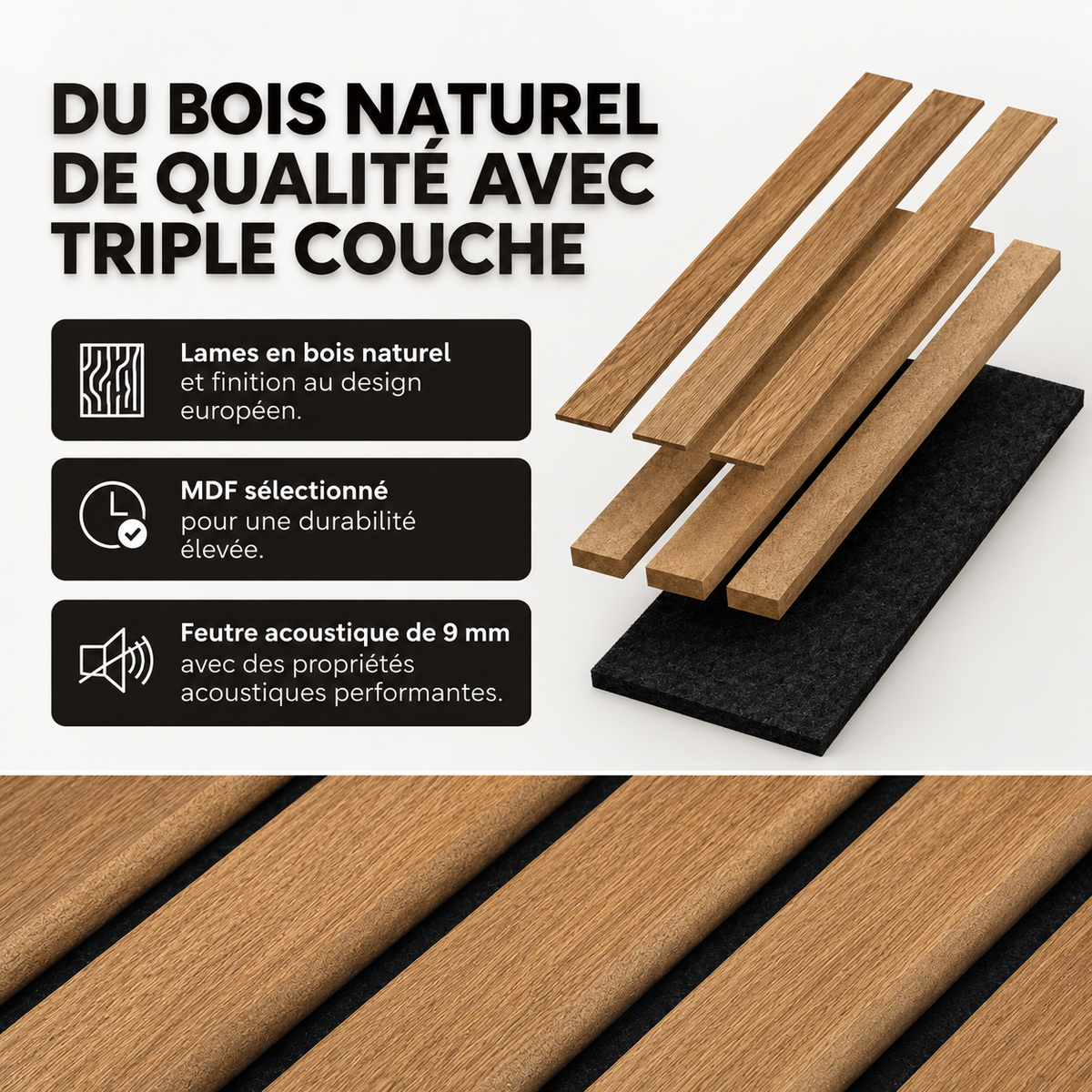 PANNEAU MURAL EN TASSEAUX DE BOIS NATUREL – 270 × 110 cm
