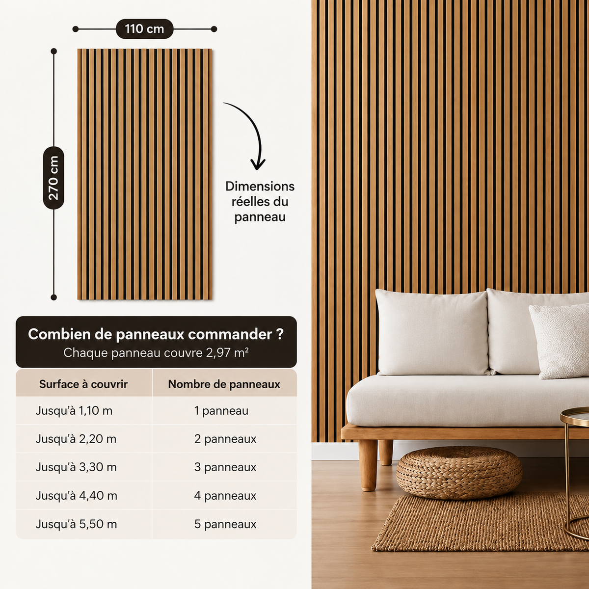 PANNEAU MURAL EN TASSEAUX DE BOIS NATUREL – 270 × 110 cm